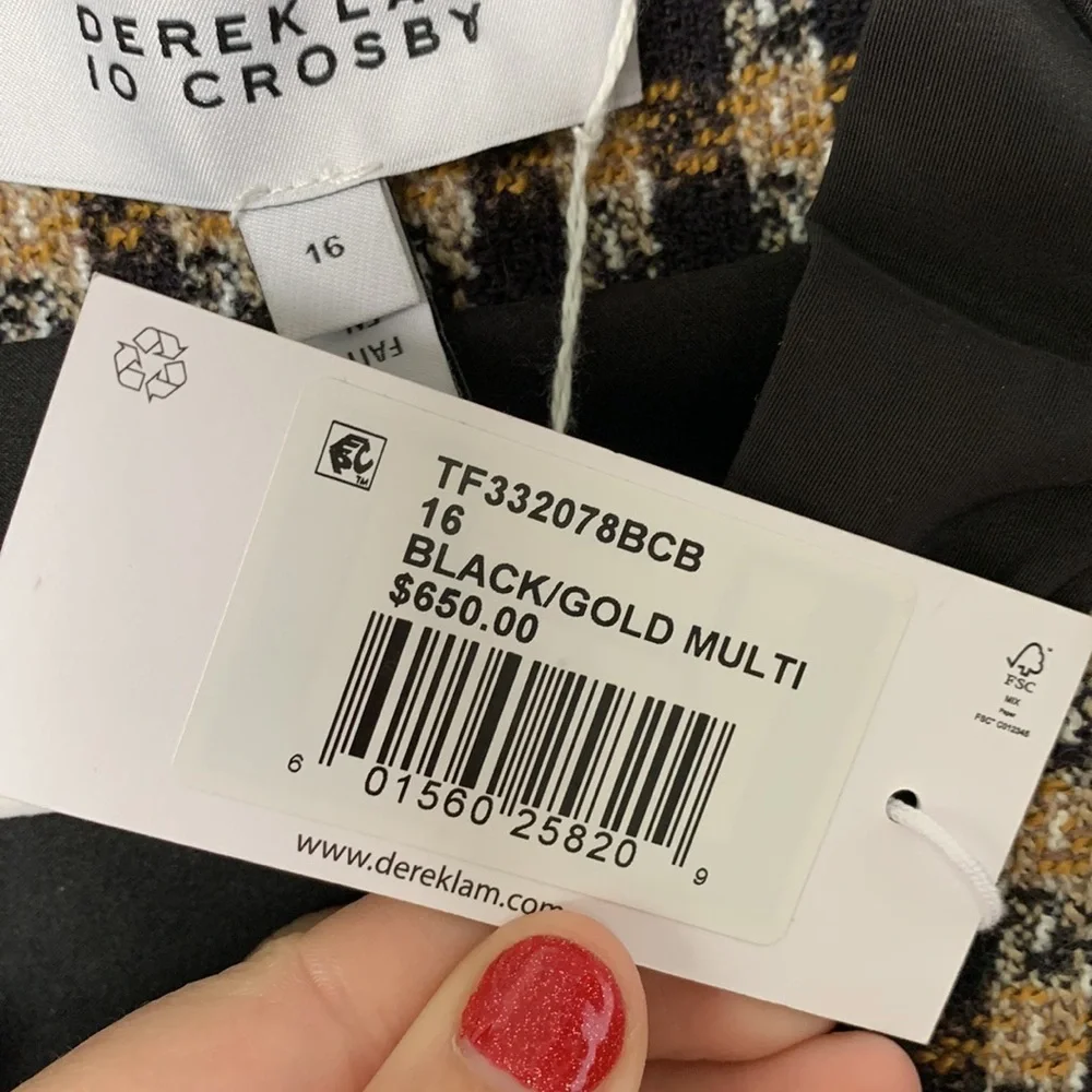 10 Crosby Derek Lam Tweed Checkered Black & Gold Ruffle Blazer size 16 - Picture 7 of 13